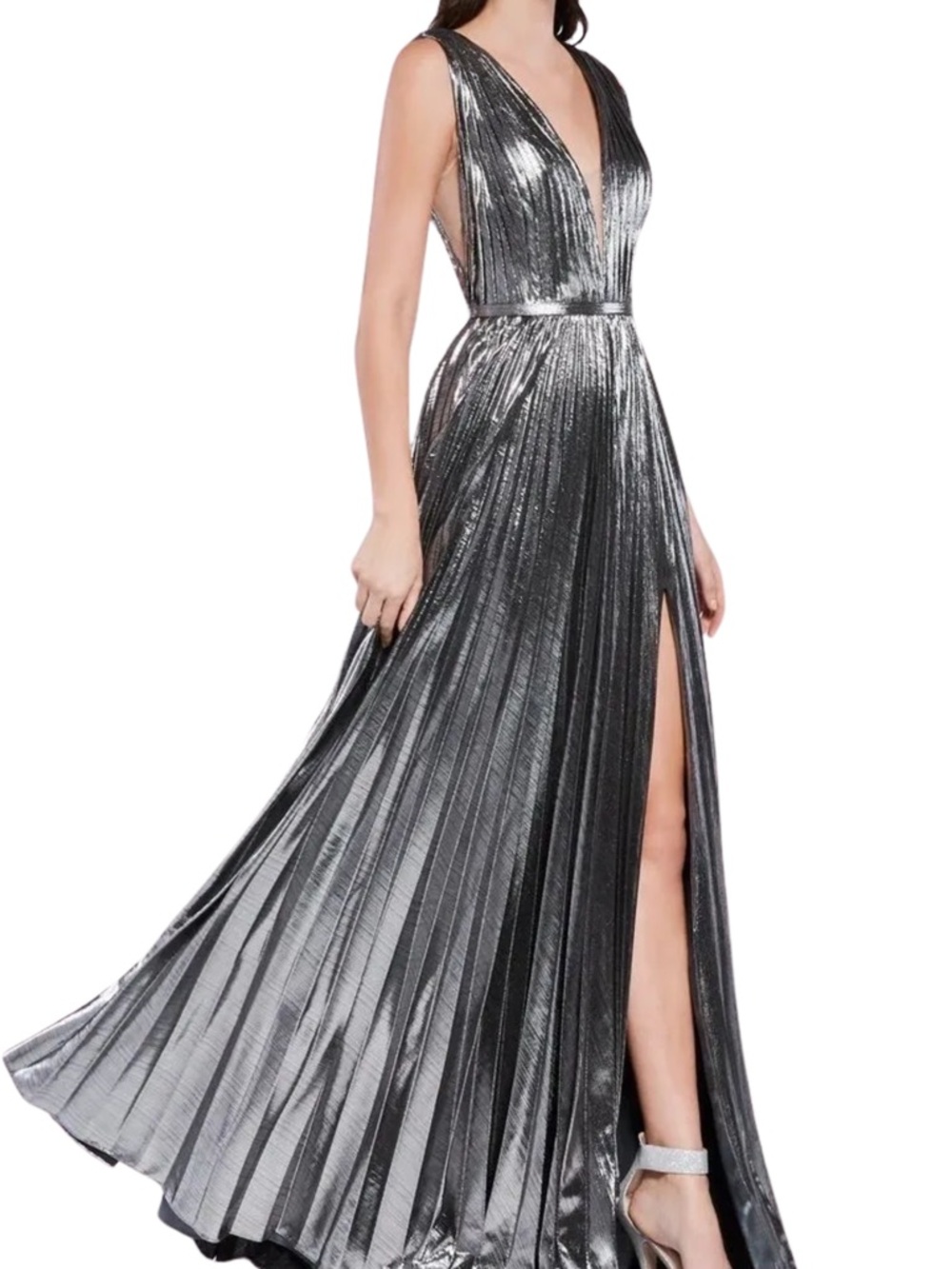 Pol Atteu Beverly Hills Designer Gown Sz 22 Plus Silver Metallic Pleated Formal